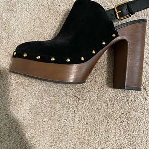 Vince Camuto Black and Brown Mules with Gold Accents